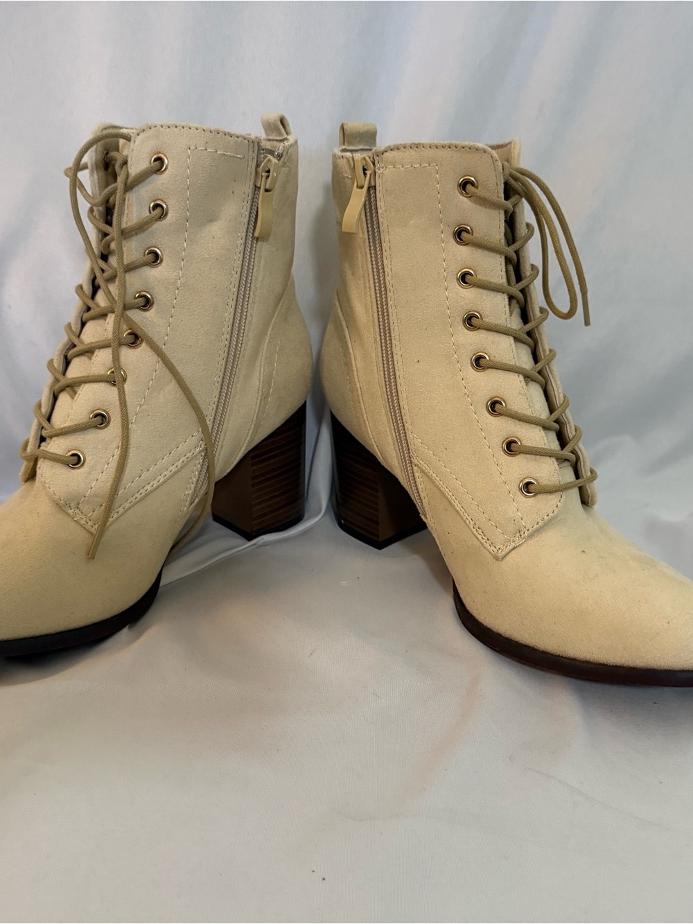 Journee Collection Cream Lace-Up Ankle Booties with Block Heel
